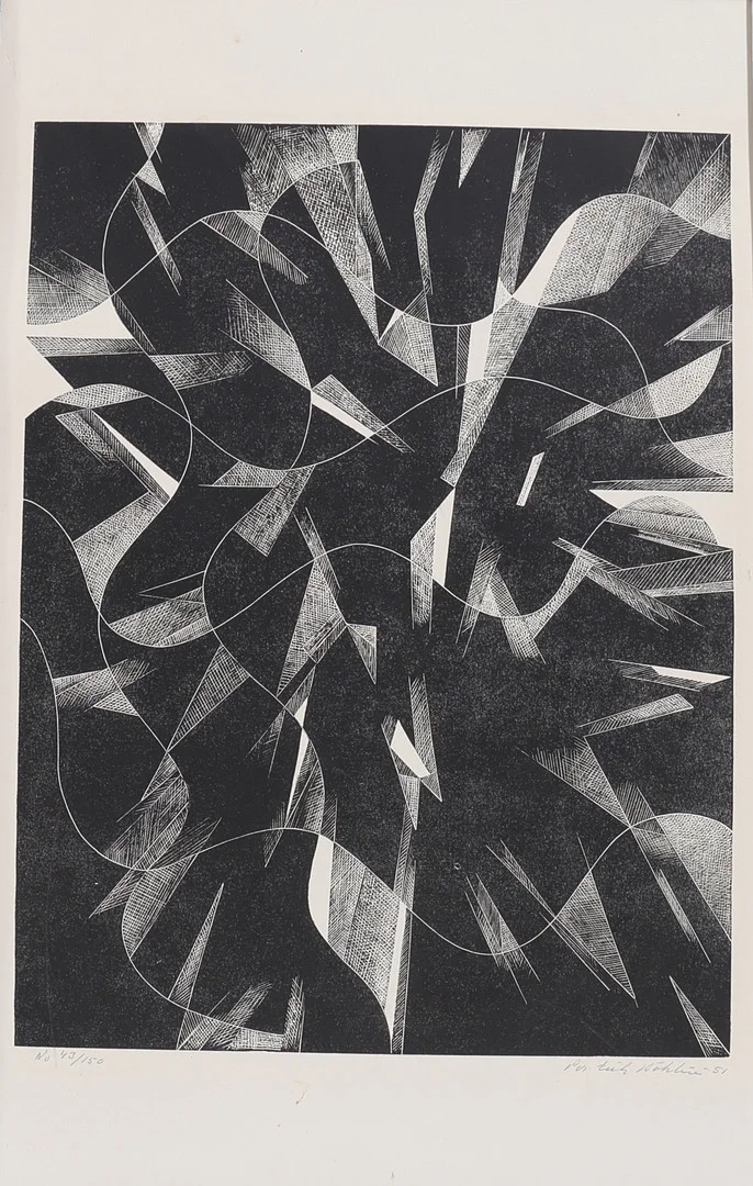 PER-ERIK BÖKLIN (1913-1999). Träsnitt, Svart-vit komposition, signerad, numrerad 43/150 signerad samt daterad -51. — Engravings & Prints — Gomér & Andersson Nyköping