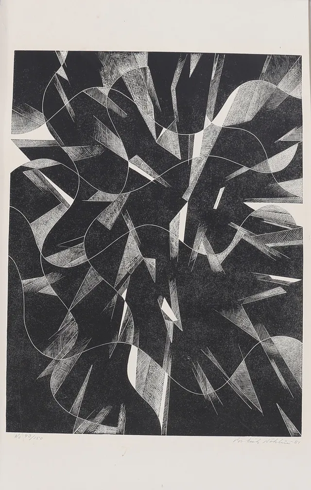PER-ERIK BÖKLIN (1913-1999). Träsnitt, Svart-vit komposition, signerad, numrerad 43/150 signerad samt daterad -51.