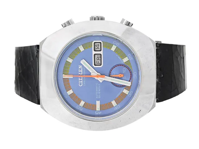 CITIZEN, kronograf, herrur, 39 mm, Cal 8100 A, Serie nr. 4013154, Boett nr. 4-900049 Y / 67-9631 / GN-4-S, stål, automatisk, mineralglas, dag, datum, läderband (fördjupad info), ca 1974.