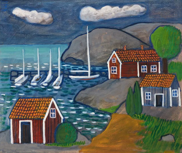 MATS PAULSON (1938-2021). "Fem båtar i Östersjöhamnen", signerad och daterad Mats Paulson 1998, olja på pannå.