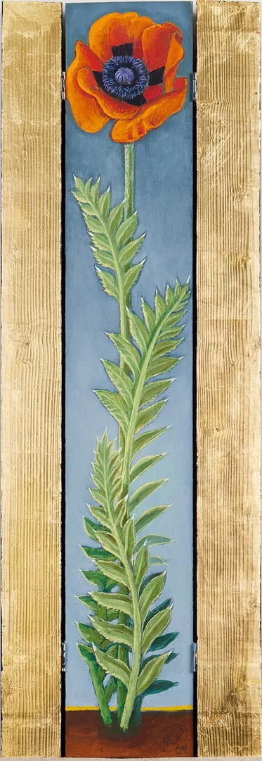 MARIA HILLFON. Blomma, olja på trä, tredelad, ihopfällbar, signerad med monogramsignatur, även á tergo, daterad -04.