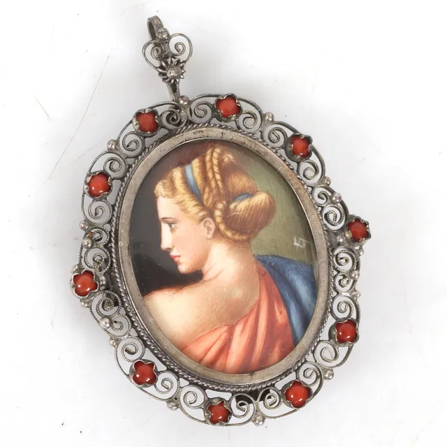 HÄNGE, med miniatyrmålning, silver, 18/1900-tal.