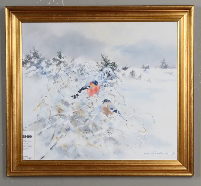 HENRY FREDRIKSSON. Motiv med domherrar. Olja på duk, signerad och daterad 1990.