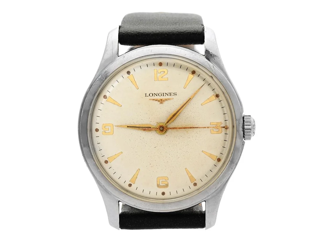 LONGINES, herrur, 35 mm, Cal 12.68ZS, Serie nr. 10347893, Boett nr. 6264 19/584 stål, manuell, plexiglas, skadad urtavla, läderband, ca 1956. — Klockor/Longines — Kaplans