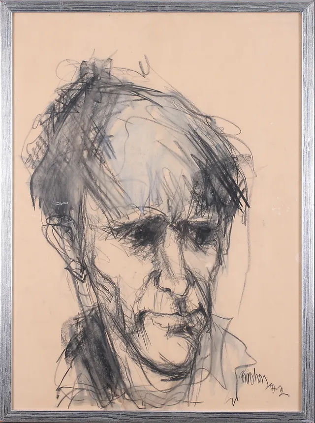 BILL OLSON. Mansporträtt, kolteckning, signerad, och daterad -72.