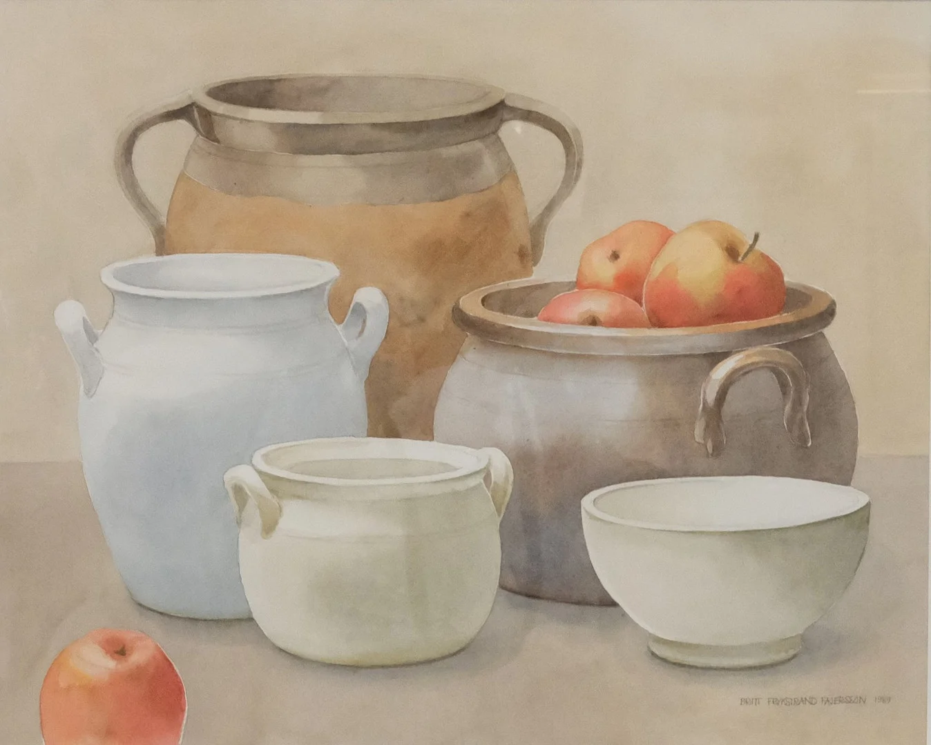BRITT FRYKSTRAND FAJERSSON. STILLEBEN MED KRUS OCH FRUKT, AKVARELL. — Paintings — Björnssons Auktionskammare