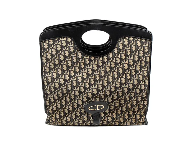 VÄSKA, CHRISTIAN DIOR svart/beige tyg/läder 40x36x13 väskan går att vikas ihop smutsig nertill