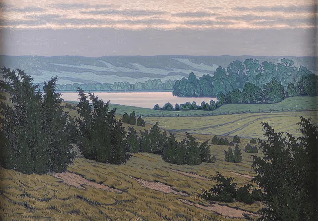 OLOF THUNMAN. Oljemålning på duk. Landskap med insjö. Signerad och daterad 1917, 1934.