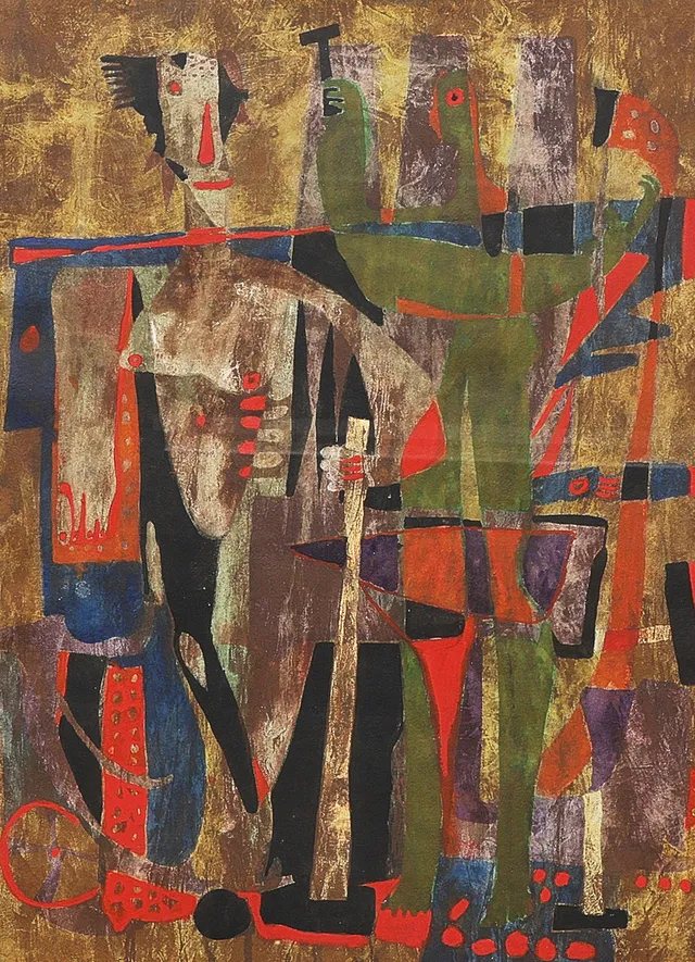 LAMBERT WERNER. Blandteknik, figurer, signerad.