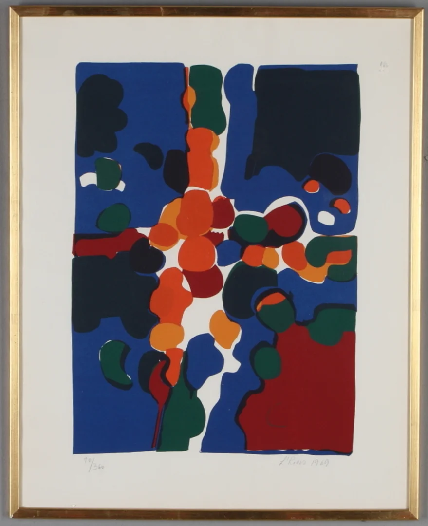LEIDA RIVES-ELFVÉN. Färglitografi, abstrakt komposition, signerad, daterad 1969 och numrerad 90/360. — Engravings & Prints — Auktionshuset Kolonn