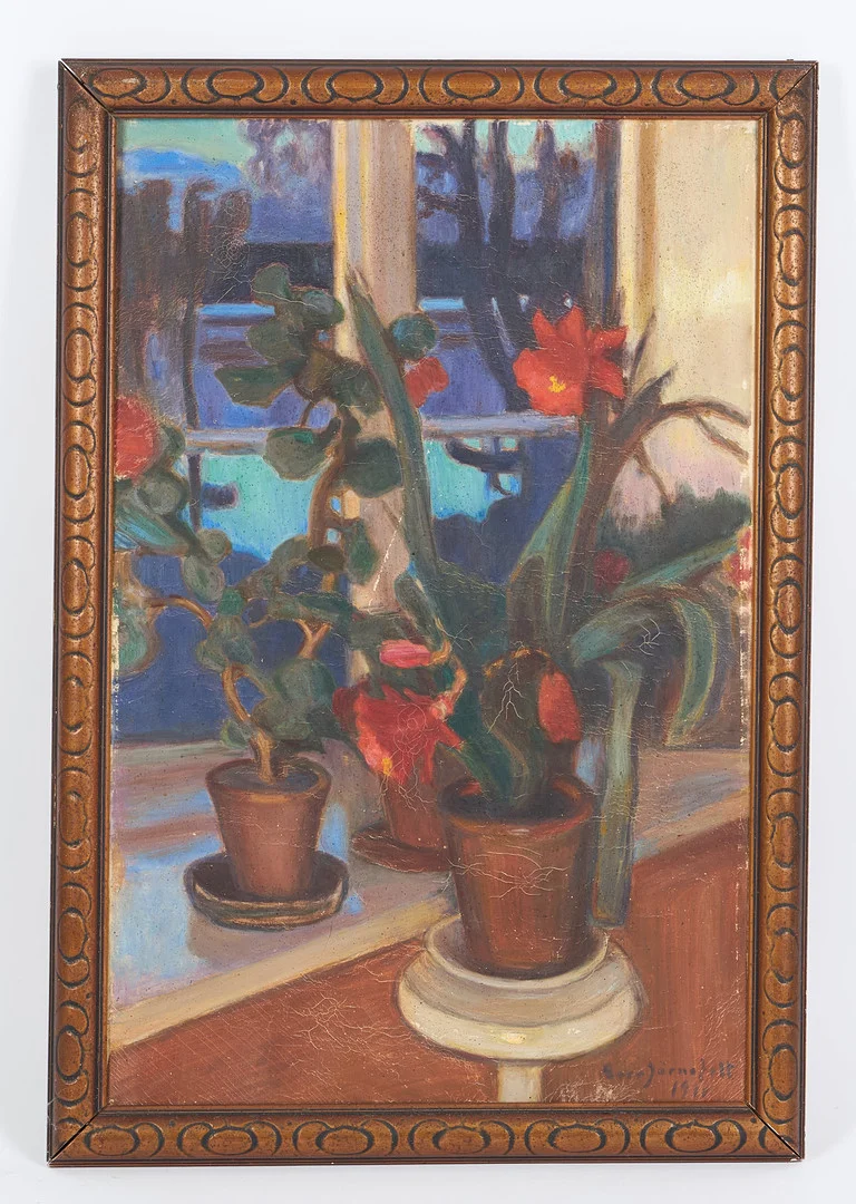 EERO JÄRNEFELT. Blommor på fönsterbrädet i kvällsskymning, signerad samt daterad 1911, olja på duk. — Paintings — Stockholms Auktionsverk Helsinki