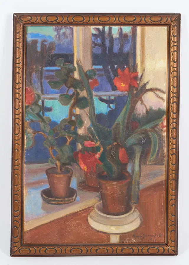 EERO JÄRNEFELT. Blommor på fönsterbrädet i kvällsskymning, signerad samt daterad 1911, olja på duk.
