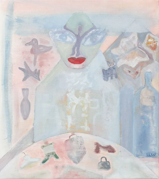 ULRIKA  WAGNER. Figural komposition, blandteknik på duk, monogramsignerad.