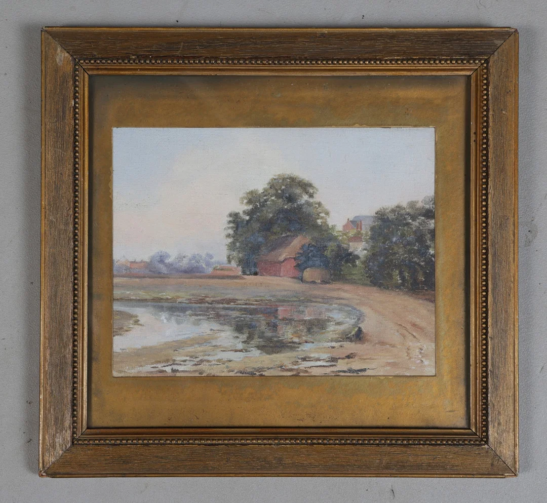 19TH CENTURY BRITISH SCHOOL, STUDY OF A FARM BY A POND. — Paintings — Bishop & Miller