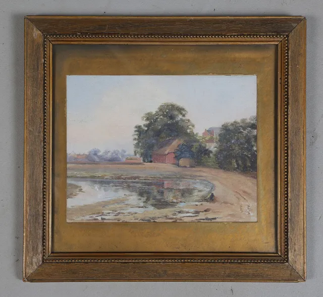 19TH CENTURY BRITISH SCHOOL, STUDY OF A FARM BY A POND.