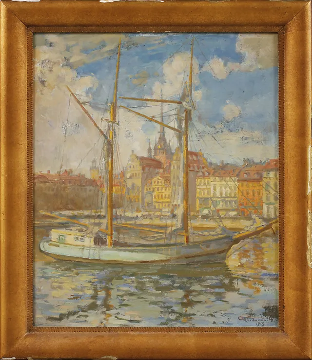 AXEL ERDMANN. "Ålandsskuta vid Kornhamnstorg", olja på duk, uppfodrad, signerad och daterad 1913.