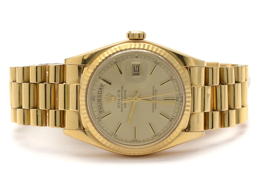Herrur Rolex OP Day-Date 18K, automat, skadad urtavla, Presidentlänk, viklås, plexiglas, dag och datum, refnr: 1803, snr: DD046032, Bruttovikt: 111,6g, ca1976, box, — Klockor/Rolex — Kaplans