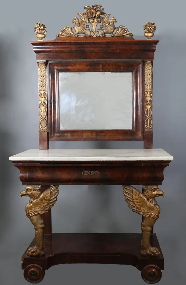 Empire console with mirror in mahogany and mahogany palm, circa 1820.