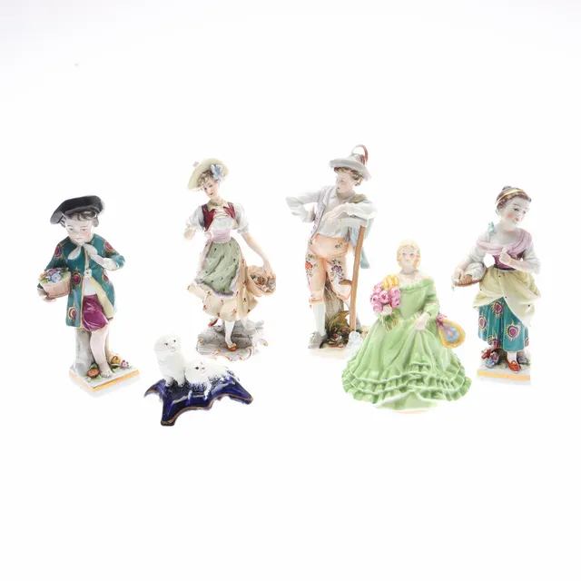 ROYAL WORCESTER 'JUNE' FIGURE, 4 OTHER FIGURES, AND A MODEL OF 2 DOGS SEATED UPON A CUSHION. (6).