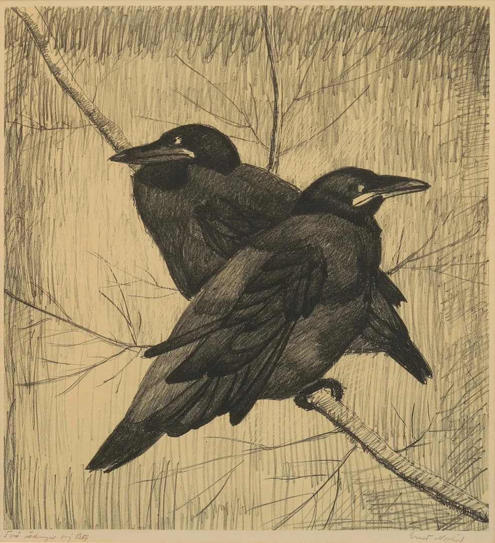 ERNST NORLIND. "Två råkungar", litografi, signerad. — Engravings & Prints — Garpenhus Auktioner