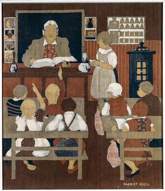 HARRIET ÅDELL. Batik på duk, Lärarinna och skolbarn, Signerad.