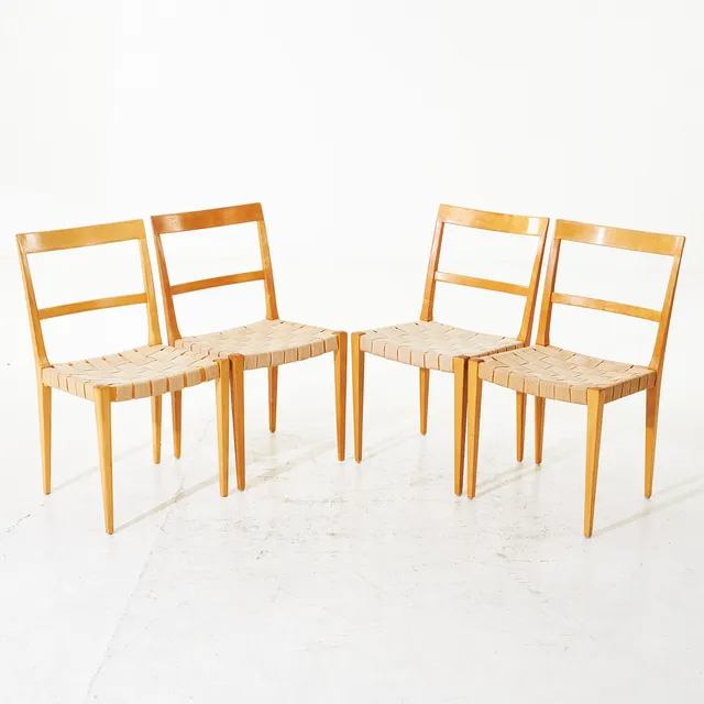 BRUNO MATHSSON. Stolar, 4 st, "Mimat", björk, brännmärkta, sits i sadelgjord.