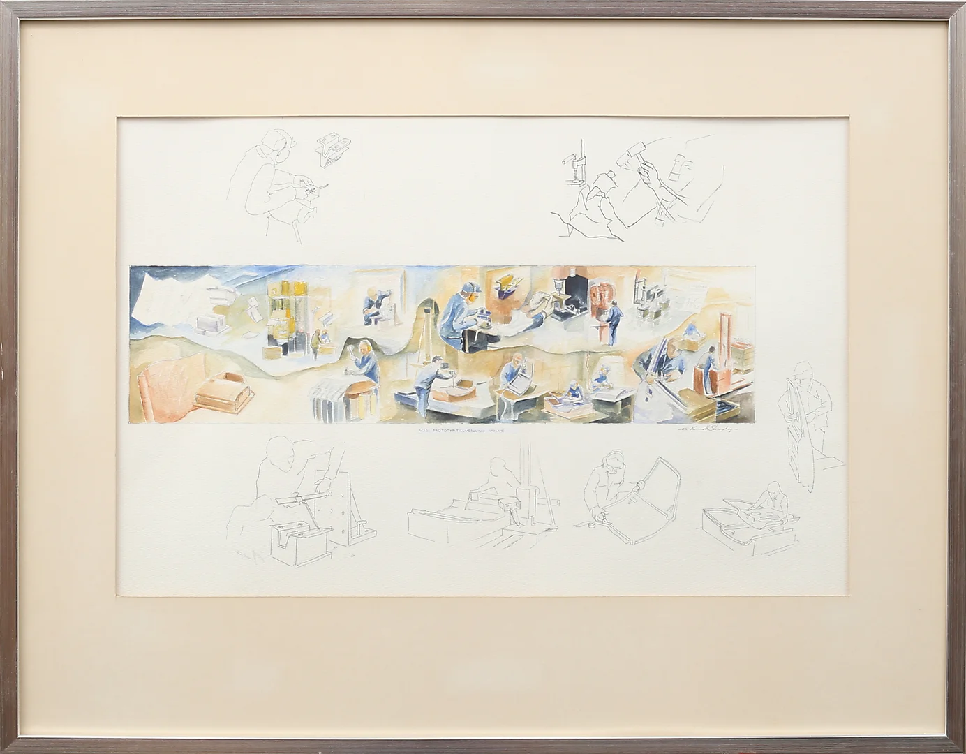 OIDENTIFIERAD KONSTNÄR. "Prototyptillverkning Volvo", akvarell, otydligt signerad. — Paintings — Garpenhus Auktioner