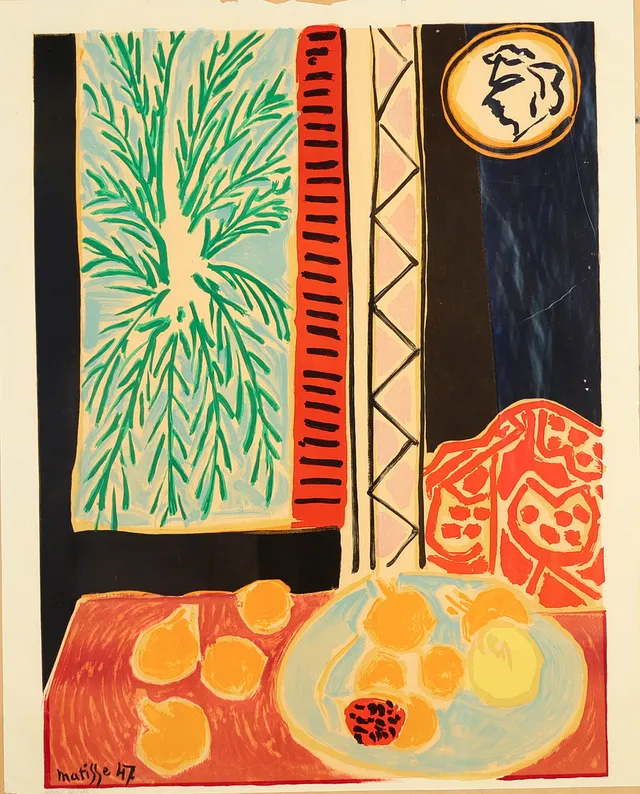 HENRI MATISSE (1869-1954). Farvelitografisk tryk 'Nature morte aux grenades' efter originalen fra 1947, trykt hos Mourlot Paris.