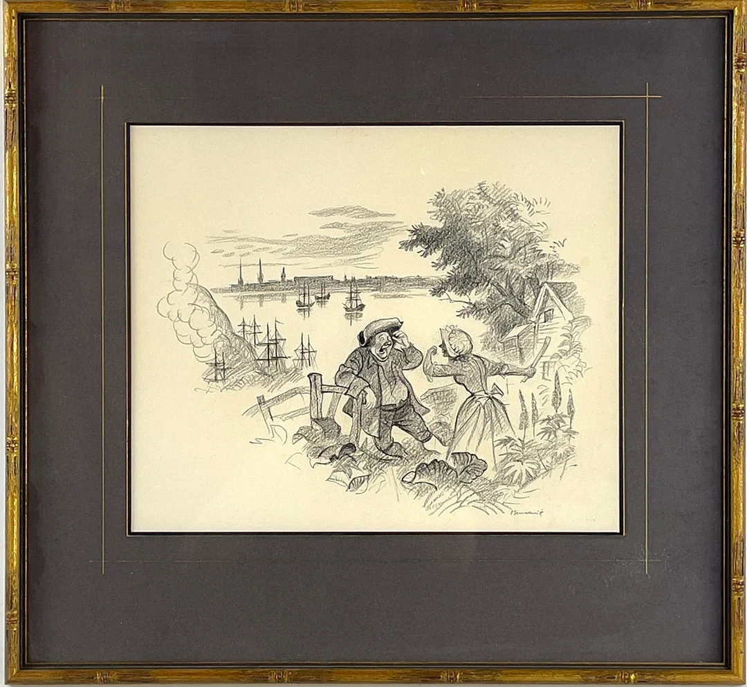 GUNNAR BRUSEWITZ. Teckning, blandteknik, figurscen med man i trekornshatt, signerad. — Paintings — Roslagens Auktionsverk