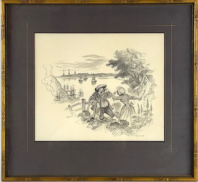 GUNNAR BRUSEWITZ. Teckning, blandteknik, figurscen med man i trekornshatt, signerad.