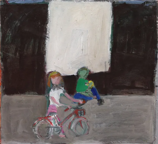 YVONNE LARSSON. Cyklande barn, olja på uppfodrad duk, signerad YL.