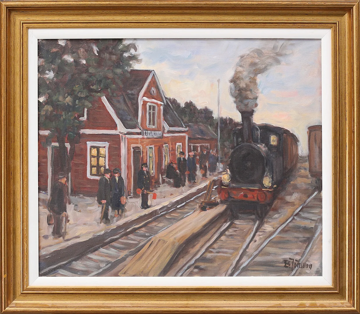 BROR JÖNSSON. Vid järnvägsstationen, olja på duk, signerad. — Paintings — Garpenhus Auktioner