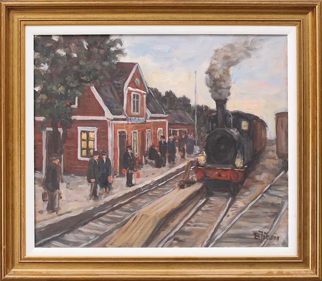 BROR JÖNSSON. Vid järnvägsstationen, olja på duk, signerad.