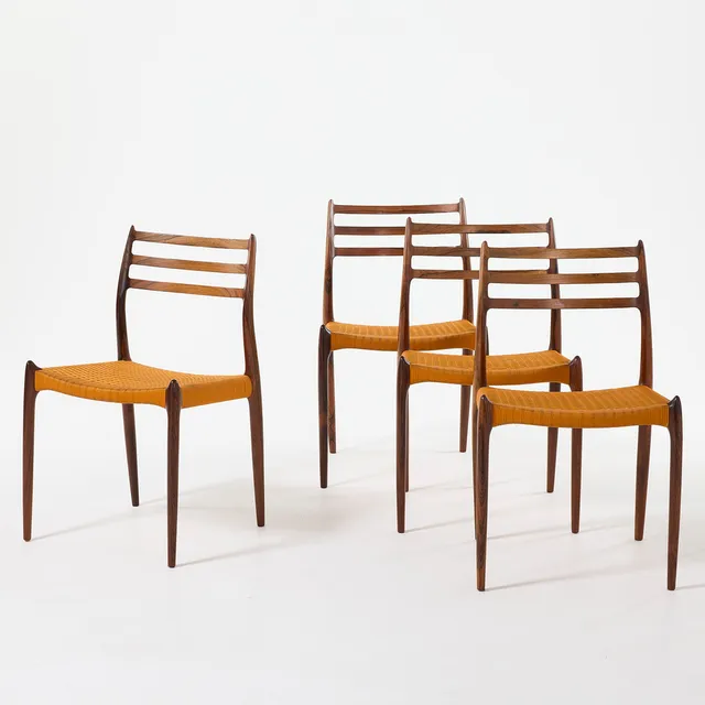 NIELS O. MØLLER. Stolar, fyra st., J.L. Møller, Danmark 1960-tal, modell 78, jakaranda med sitsar klädda sitsar.