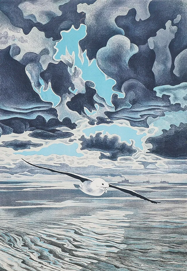 FOLKE LIND (F. 1931), SVERIGE. färglitografi, "Stormfågel".