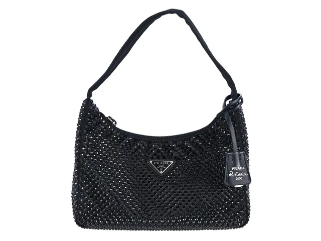 PRADA, VÄSKA, Satin Mini-Bag With Crystals, svart satin, svarta syntetiska kristaller, 22x17x6 cm, dustbag, originalkartong. Very Good Condition.