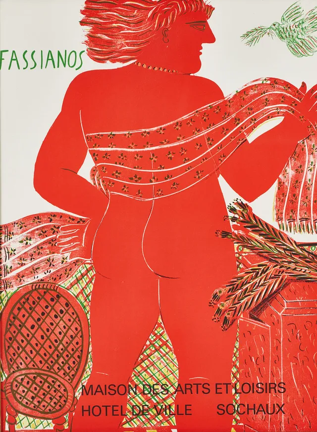 ALEXANDRE FASSIANOS. Utställningsaffisch med kvinnogestalt, litografiskt tryck, ca 1980.