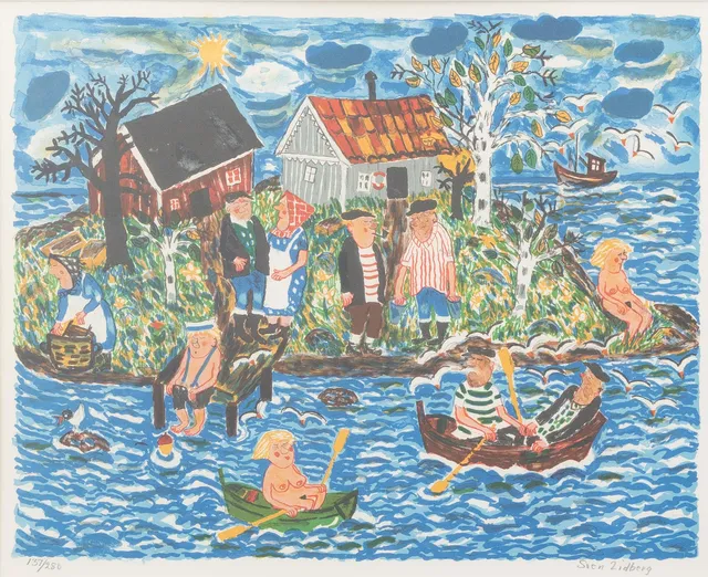 SVEN LIDBERG. Liv på skärgårdsö, litografi nr 137/280, signerad.