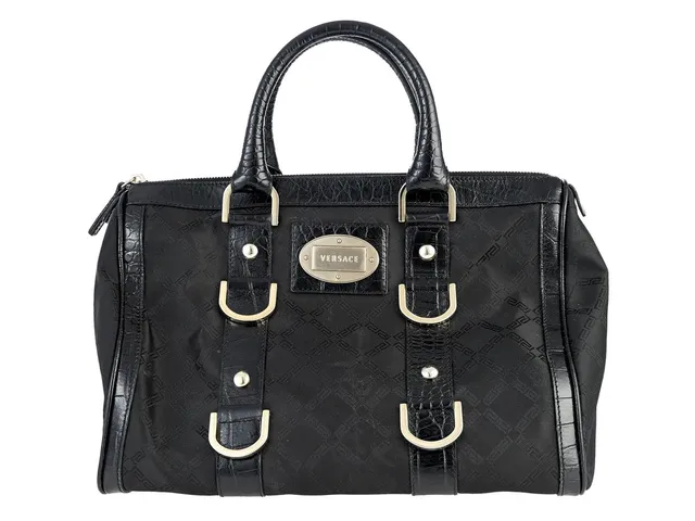 VÄSKA, VERSACE, Boston Bag, svart skinn, tyg, guldfärgade beslag, 32x21x17 cm, dustbag, bruksslitage.
