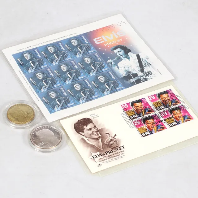MEMORABILIA, Elvis Presley, mynt och frimärken.