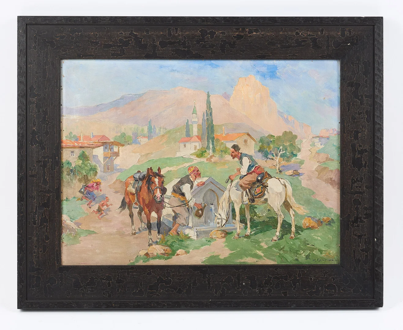 NIKOLAI SEMENOVICH SAMOKISH (1860-1944). Män med hästar, signerad, olja på duk. — Paintings — Stockholms Auktionsverk Helsinki