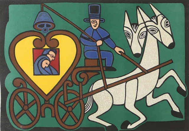 HENRY HEERUP. Bröllopsvagn, färglitografi, signerad.