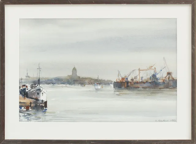 SARO ARATOUN. "Göteborgs hamn", akvarell, signerad.