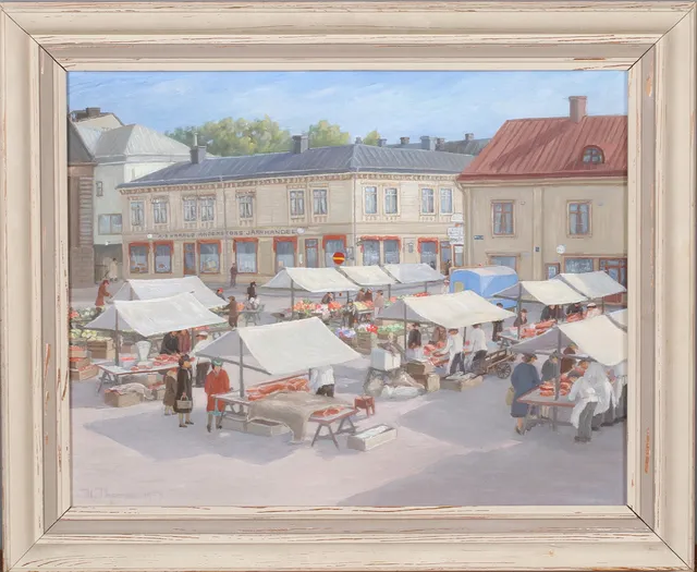 HARRY THOMSE. Torghandel i Härnösand, olja på pannå, signerad och daterad 1943.