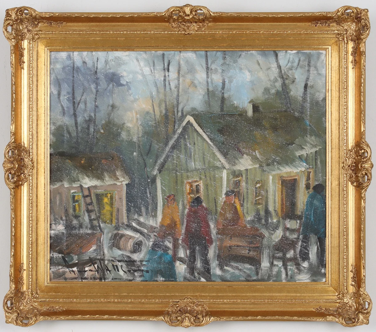 ARNE WALLSTEN. Oväder i byn, olja på duk, signerad. — Paintings — Stadsauktion Sundsvall
