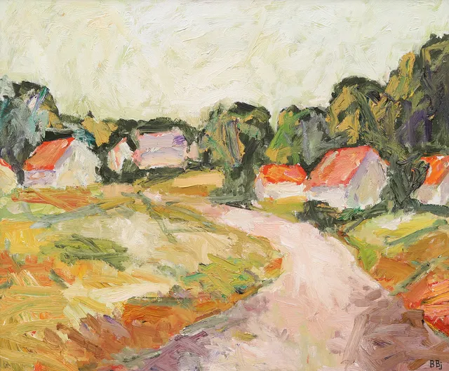 BENTE BJERREGAARD. Landskap med hus, signerad, a tergo daterad 2009.