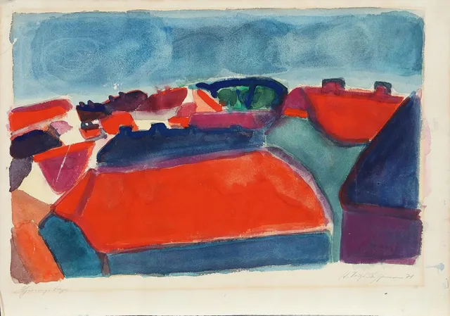 “Hjørrings tage”, 1971. Signed, titled and dated. Watercolour on paper. Sheet size 39×56 cm. Unframed.