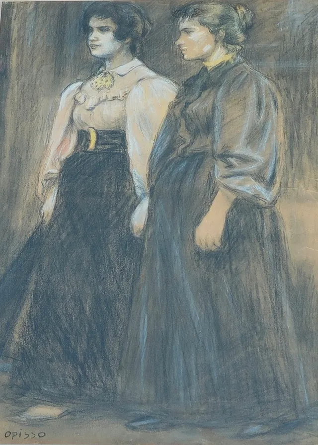 RICARD OPISSO. Dos jóvenes, dibujo al carbón y ceras sobre papel.