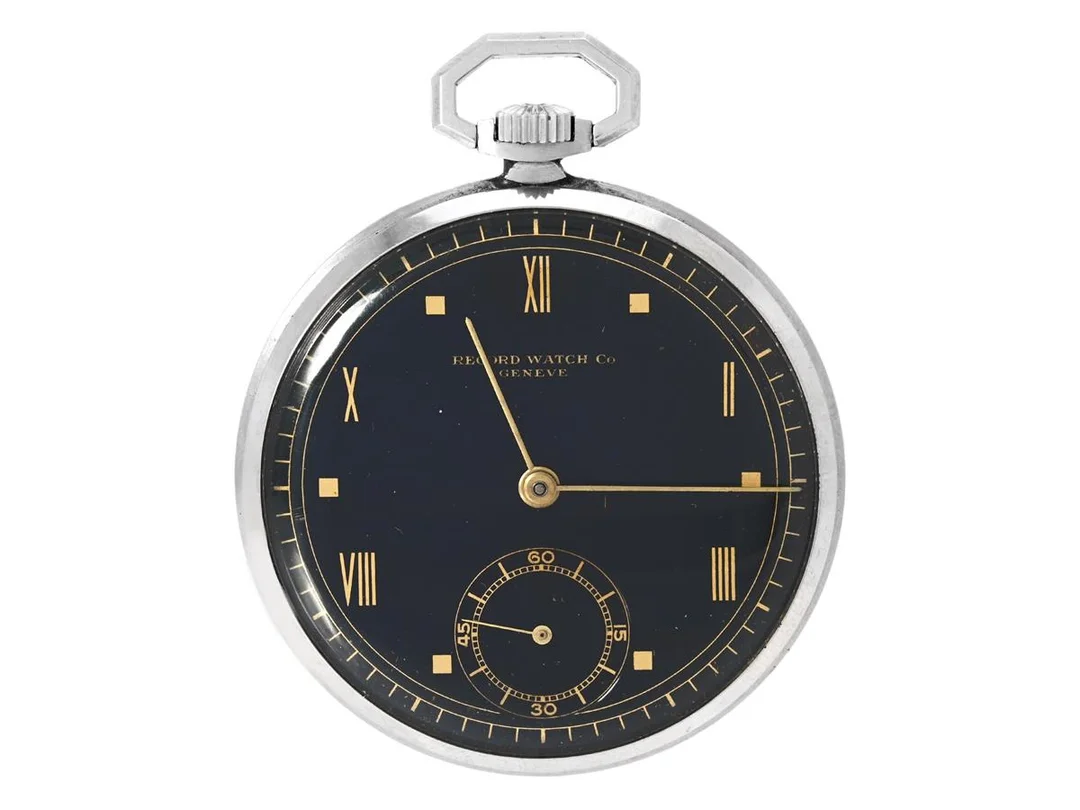 RECORD WATCH Co, Geneve, frackur, 44,5 mm, Cal 201, Boett nr. 323109 / 1468 2, stål (Staybrite), ankargång, defekt (fjäder av), ca 1935. — Klockor/Record — Kaplans