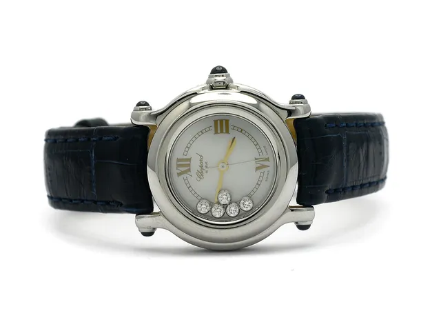 CHOPARD, Genève, Happy Sport, Serie nr. 927397, Ref nr. 27/8245-23, Boett nr. 8245, damur, 26 mm, stål, quartz, safirglas, pärlemorurtavla, briljanter (5 st. TW/VVS, ca 0,60 ctv), 5 st. safirer, läderband, originalspänne, cert, mars 2006, box, ytterkartong.
